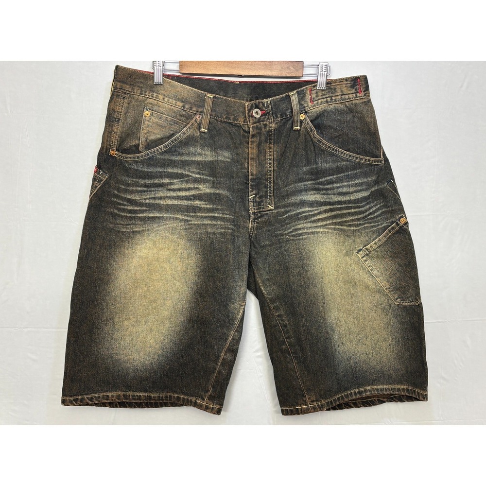 Guess Baggy Shorts Mens Black Faded Denim Whisker Workwear Pockets 38 Vintage